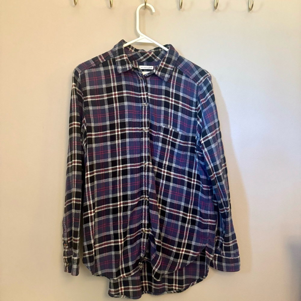 American Eagle Purple-Gray Boyfriend Fit Flannel